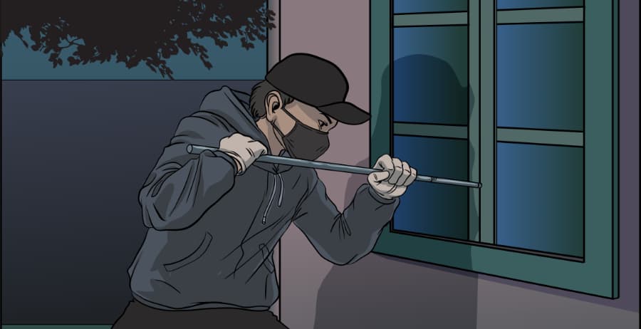 Illustration of burglar forcing entry through a window in Ithaca